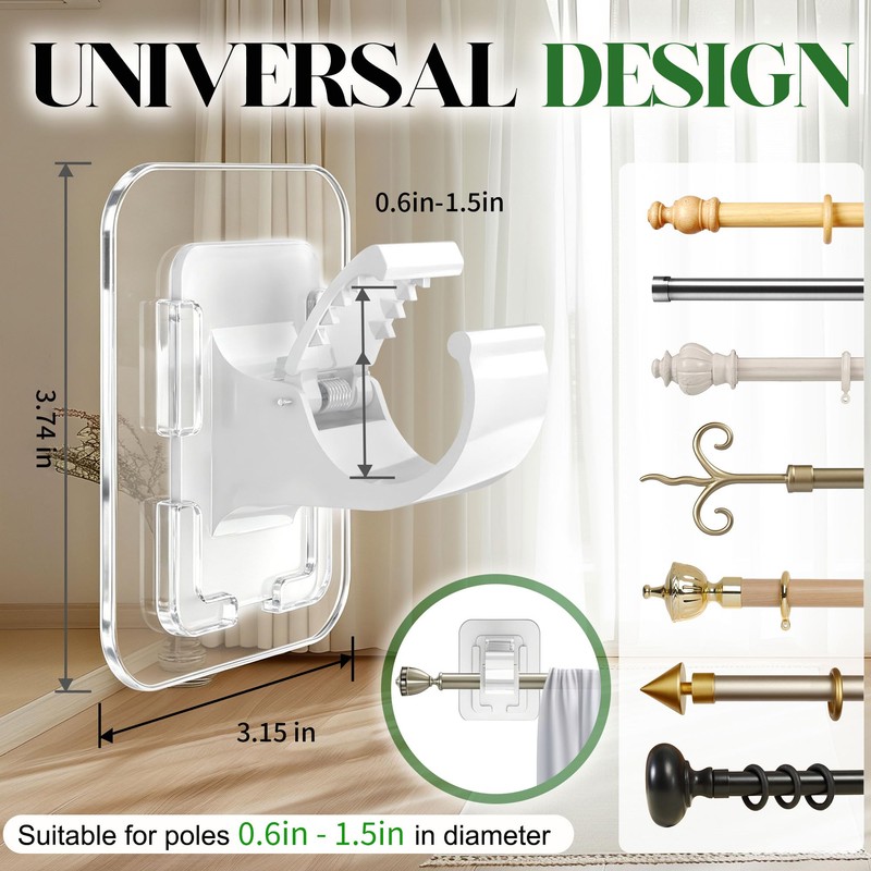 Detachable Adhesive Curtain Rod Holder-20LB, No Drill Curtain Rod Brackets