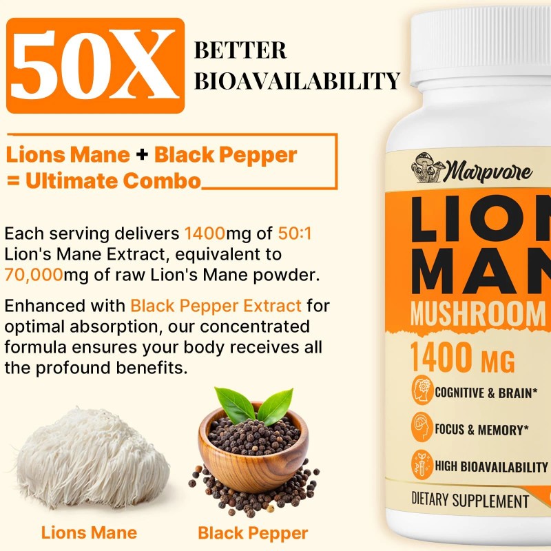 70000mg Lions Mane Supplement Capsules - 50x Strength Potency Lions