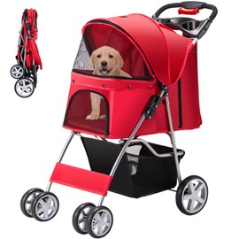 Azaeahom Pet Stroller, 4 Wheels Pet Strolling Cart for Medium/Small Dogs and Cats, Foldable Cat Jogger/Dog Stroller with Cup Holder, Storage Basket, Breathable Mesh, All-Season Pet Carrier, Red