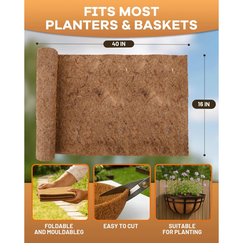 Coco Liners for Planters - Thick Coconut Fiber, Pre-Drained Planter