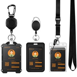 DINALLE 2 Pack Retractable Keychain Heavy Duty Carabiner Badge Reel with Cool Hard ID Holder, 1 Pack Clear Vertical ID Holder with Lanyard