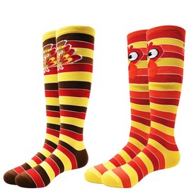 LUKBERA 2Pairs Thanksgiving Socks, Turkey Ttriped Mid-calf Socks Funny Words Socks for Thanksgiving Women Men Funny Autumn Holiday Turkey