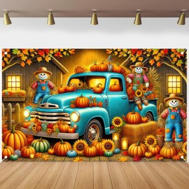 HOMETITUTE Fall Thanksgiving Backdrop Banner Scarecrow Truck Autumn Theme Banner 71x43 Inchs Pumpkin Fall Maple Leaves Harvest Backdrop Banners Autumn Theme Outdoor Party Supplies