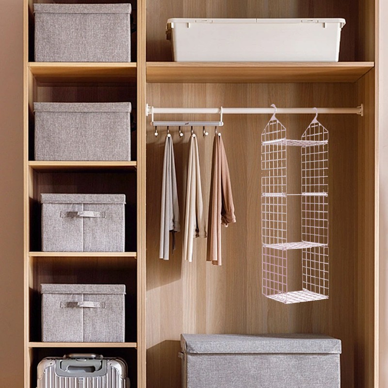 Hanging Closet Organizer 3 Tier Pink Storage Shelf Minimalist Grid