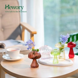Hewory Glass Mushroom Vase for Flowers, 5pcs Colored Small Bud Flower Vases Unique, Mushroom Propagation Hydroponic Vases, Funky Cottagecore Decor for Home Room Kitchen Office Windowsill Decorations