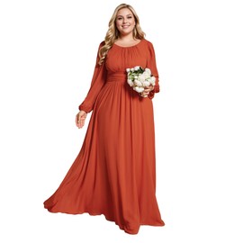 Ever-Pretty Women's Round Neck Long Lantern Sleeves Elastic Band Chiffon Plus Size Formal Gown Bridesmaid Dresses Burnt Orange US20