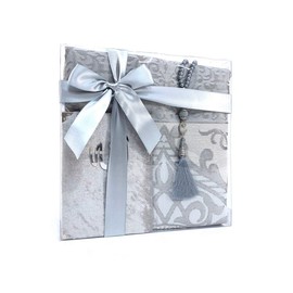 Tekbir Islamic Gift box contains a Prayer Mat, Surah book, and tasbeeh beads, suitable as an Eid gift or gift for all occasions order now (Grey)