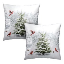 Kwlegh Winter Christmas Throw Pillow Covers 18X18 Snowy Natural Forest Decorative Pillow Case Set of 2 Green Pine Tree with Cardinal Birds Cushion Case for Couch Living Room Patio