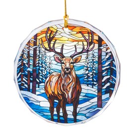 White-Tailed Deer Christmas Ornament – 3 Inch Flat Round Real Glass Decoration, Stained Glass Styled Double-Sided Print – Stocking Stuffer for Father Son Hunters - Ranch Tree Decor