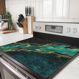 Green Marble Stove Top Covers,Golden Abstract Veins Stove Cover,Anti-Slip Heat Resistant Glass Cooktop Covers,Kitchen Stovetop Protector Mat,Waterproof Countertop Protector (28"x19.5")