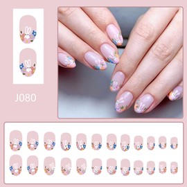 24Pcs Easter Press on Nails Cute Bunny Fake Nails Almond Shape Glue on Nails Glossy French Nails Press on Rabbit Flower Designs Easter Day False Nails Spring Stick on Nails for Women Party Nail Decor