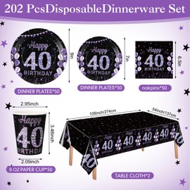 Pickmesh 202 Pcs 40th Birthday Party Decorations Supplies for 50 Guests Include Purple and Black Happy Birthday Paper Plates Napkins Cups and Plastic Tablecloth Disposable Tableware for Men Woman