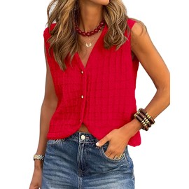 BTFBM Summer Sweater Vest for Women 2025 Sleeveless V Neck Lightweight Button Up Cardigan Knit Tank Tops Spring Clothes(Red, Medium)