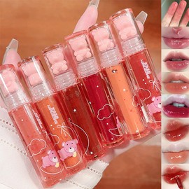 6 Colours Bear Hydrating Lip Gloss Liquid Lipstick Set Cute Bear Jelly Lipstick Moisturising Sweet Lip Glaze Set Bear Beauty Makeup (A)
