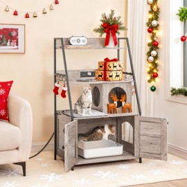 HOOBRO Litter Box Enclosure with 2 Storage Shelves, Tall Litter Box Furniture Hidden with Charging Station, Indoor Hidden Litter Box Furniture with Plush Mat, Greige BG70UMW01