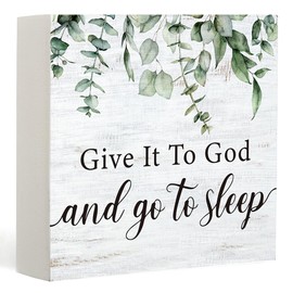 Give It to God and Go to Sleep Sign Desk Decor, Inspirational Christian Religious Positive Decor Farmhouse Wooden Box Sign Motivational Decoration Jesus Sign for Home Bedroom Desk Shelf Table Decor