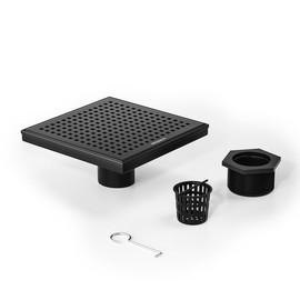 Bernkot Square Shower Drain 8", 304 Stainless Steel Floor Drain with Grid Drain Cover & Hair Strainer, Shower Drain w/CUPC Certified, Matte Black