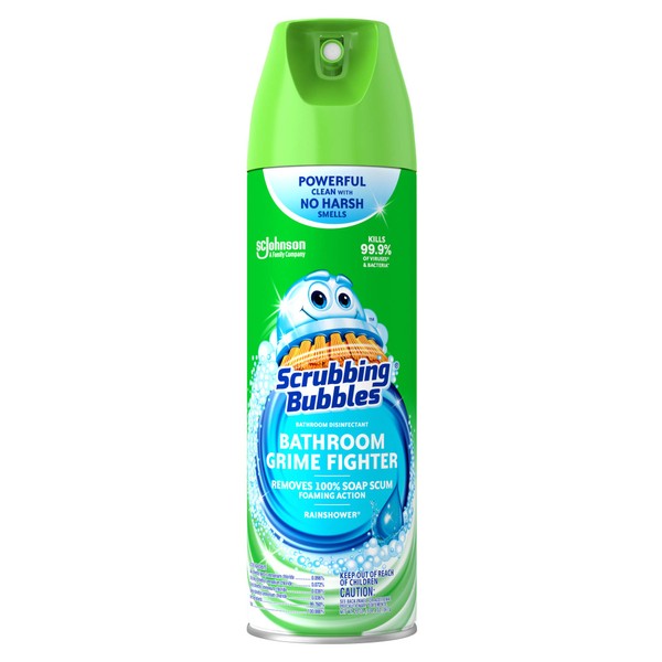Scrubbing Bubbles Bathroom Cleaner, Grime Fighter and Disinfectant Aerosol Spray, Multi-Surface, Removes 100% Soap Scum, Rainshower Scent, 20 oz
