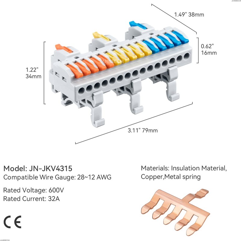 JANDECCN 4pcs DIN Rail Terminal Blocks, DIY Splicing Wire Connectors