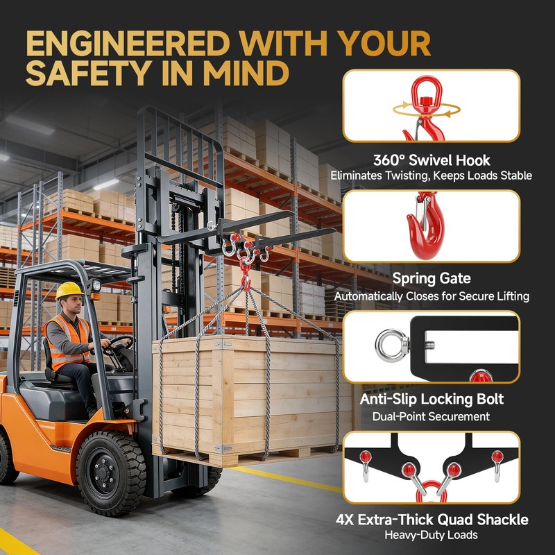 Forklift Lifting Hook with Side Shackle Holes – 6800 lbs
