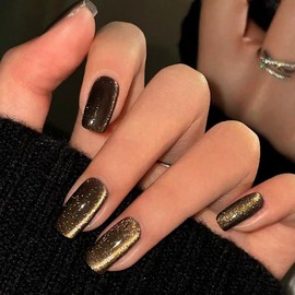 ANDGING Cat Eye Press on Nails Gold Black Short Square Fake Nails with Glue Acrylic Bling Glue on Nails with Designs Glitter Gel Manicure False Nail for Women Classy Stick ons Nails for Wedding CFF68
