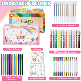 WERNNSAI Glitter Marker Set with Pencil Case - 56 PCS Scented Markers for Kids Girls Birthday Christmas Gift Painting Coloring Markers Pens Set Art and Craft Set with Stickers and Coloring Papers