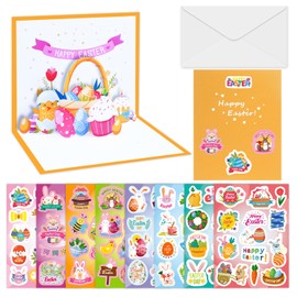 Leesgel 3D Easter Card, Easter Greeting Cards with Envelope and Stickers, Happy Easter Spring Cards Crafts DIY Supplies, Easter Eggs Basket Card for Kids, Friends, Family