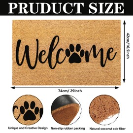 JarThenaAMCS Dog Welcome Natural Coir Doormat Cute Dog Paw Print Floor Mat Non-Slip Entrance Door Rugs for Indoor Outdoor Home Bathroom Decor, 16.5 x 29 Inch