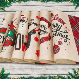 NiHome - Juego de 6 manteles individuales navideños de lino para mesa de comedor, varios diseños, Santa Claus, muñeco de nieve, árbol de Navidad, caja de regalo, reno, antideslizantes