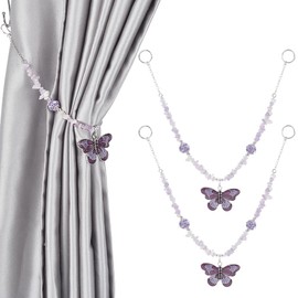 BENECREAT 2Pcs Natural Amethyst Curtain Tiebacks, Curtain Holdback Stone Ropes Curtain Tie Back Hooks with Alloy Enamel Butterfly and Iron Links for Home Office Cafe Balcony, 17.5inch