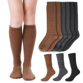 SISOSOCK 3 Pairs Winter Knee High Socks for Women Soft Warm Cable Knit Slouch Socks Fashion Accessories