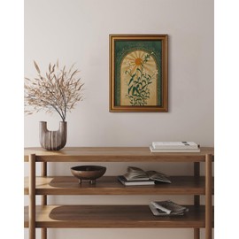 HUARCEY Gold Framed Canvas Wall Art, Sun Botanical Picture Decor, Living Room Bedroom Emerald Green Boho Art, Rustic Vintage Moody Mystical Folk Art Canvas Paintings, 12x16inch