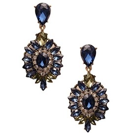 Large Antique Art Deco Vintage Retro Style Blue Sapphire Grey Clear Rhinestone Wedding Bridal Prom Statement Earrings