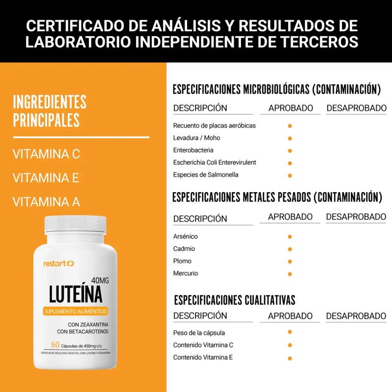 Restart Luteína 40mg Zeaxantina Complejo Carotenoides Máxima Concentración Betacaroteno Zinc