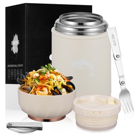 TranRantic Thermal Food Container for Hot Food, 17oz Stainless Steel Double Walled Insulated Food Container, Leakproof Soup Thermos with Foldable Fork and Spoon, Food Jar for Hot Meals (White)