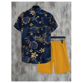 VIPWOLF - Conjunto corto de 2 piezas para hombre, camisas florales con botones y pantalones cortos con cordón en la cintura, Azul y amarillo, XX-Large