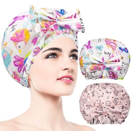 2 PCS Shower Caps, Reusable & Extra Large & Adjustable & Double Layer Waterproof Bow Knot Hair Reusable Cap for Women, Waterproof Outer & EVA Lining, for Shower, Spa, Makeup