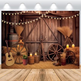 ASDCXZ Western Cowboy Photo Background 2.2 x 1.5 m, Wild West Rustic Wooden House Barn Door Autumn Photo Wall Background Baby Shower Birthday Western Party Decoration Banner Photo Studio Props