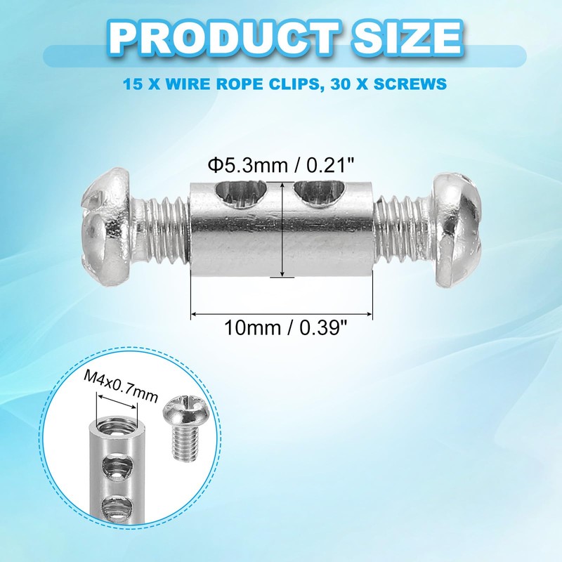 PATIKIL 5.3x10mm Wire Rope Clip 15pcs Metal Cable Clamp 3mm