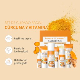 Turmeric & Vitamin C BeauBase Skincare Set 5 Piezas con Limpiador, Tónico, Suero, Crema de Ojos, Crema Hidratante y Broche, Iluminación e Hidratación para mujeres y niñas