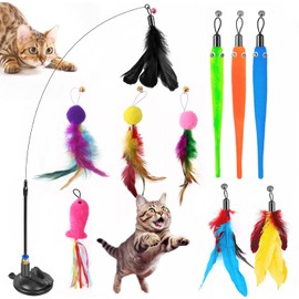 10 Pcs Cat Toys, Interactive Cat Toy, Cat Toys for Indoor Cats, Upgraded Self-Holding Power Suction Cup Base, Removable Teaser Cat Wand Stick and 10 Replacement Kitten Toys with Bell.