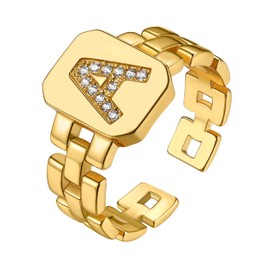 GOLDCHIC JEWELRY Letter Ring Copper Women's Open Adjustable Stackable Ring Initial Alphabet A-Z Ring with Zirconia Simple Polished Signet Ring Strap Pattern Open Ring in Gold, Non-precious metal,