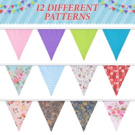 Orifinter Floral Bunting, 24PCS Fabric Bunting + Drawstring Bag, Reusable Vintage Bunting Flags for Mothers Day, Afternoon Tea Stands, Garden Party, Birthday, Vintage Festival, Spring Decorations