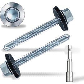 4.8x38 mm Self-Drilling Roofing Screws, 60 pcs Hex Head Self Tapping Screws, Hex Head Self-Drilling Roof Screws with Rubber Sealing Washer. with Hex Socket, Zinc Plat.