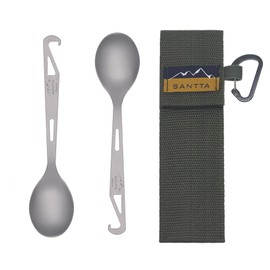 SANTTA Titanium Camping Spoon Set of 2 Piece, Spoon and Bottle Opener 2-in-1 Design, Lightweight Ti Utensils with a Pouch and Carabiner for Outdoor Camping Backpacking Hiking and Travel
