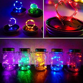 ANGMLN YITING Upgraded Solar Mason Jar Lights 10 Pack 30 LED Fairy Star Firefly String Lids Lights Including (10 pcs Hangers) for Patio Yard Garden Wedding Easter Decoration(5Colors)