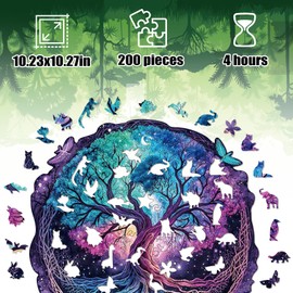 Wooden Puzzle Adults, Tree of Life Wooden Puzzles 200 Pieces, Unique Animal Shape Wooden Puzzle, Creative Christmas Gifts for Teenagers and Adults, Diamond Painting Set