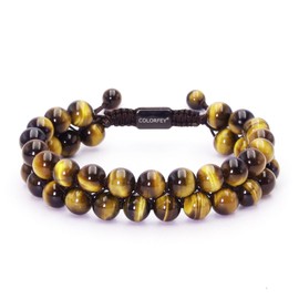 Tigers Eye Bracelet for Men - Premium Handcrafted Mens Tiger Eye Beads Bracelet 2Row, COLORFEY Men Beaded Bracelets Natural Stone Energy Protection Bracelet for Men 8mm Tigers Eye Crystal Gift for Him