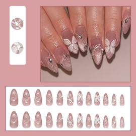 MouyouGlow Press on Nails Short Almond Nude Pink 3D Butterfly Cat Eye Stars Magnetic Diamond Wavy Pearl Fake Nails with Nail Glue, Pink Butterfly Crystal Sweet Artificial Fingernails