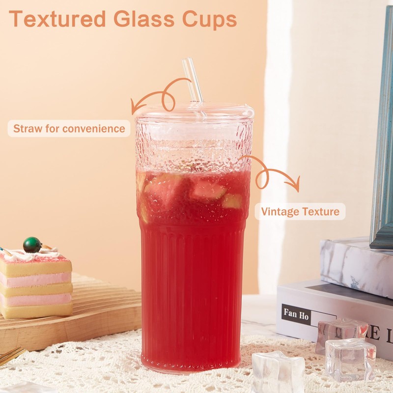 GOSCHE Glass Coffee Cups with Lids and Straws, 20oz Drinking